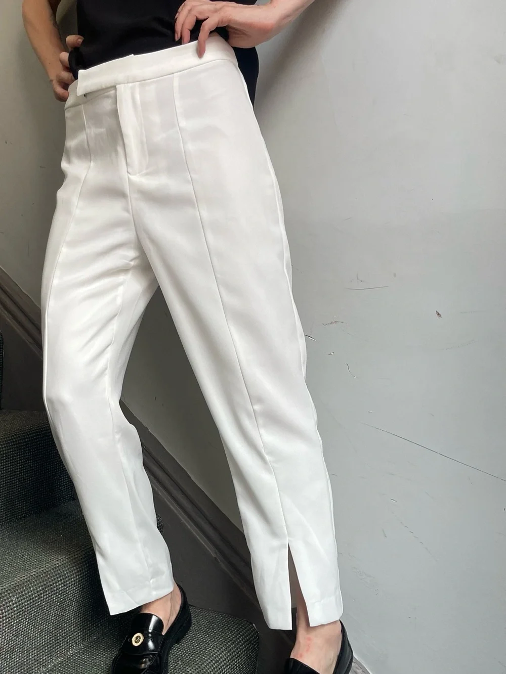 Cropped White Tailored Slit Hem Trousers
